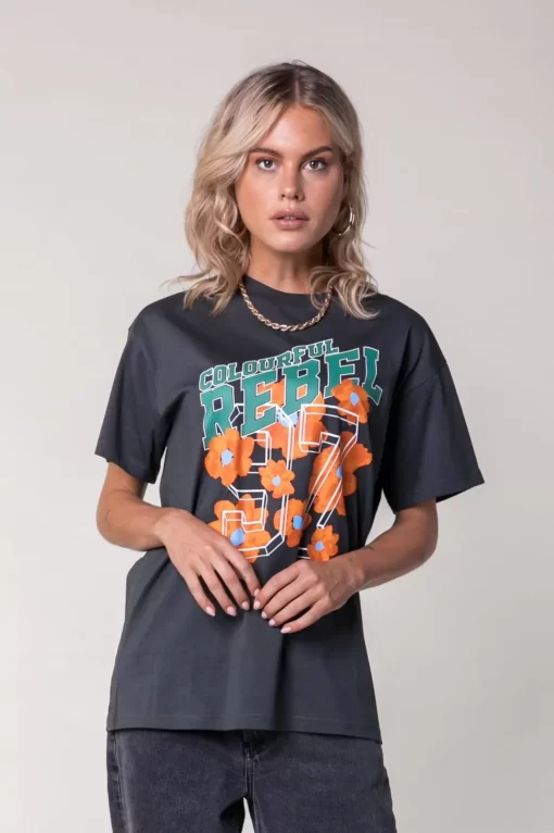 Aqua Flowers Loosefit Tee | Anthracite | Colourful Rebel Flash Sale