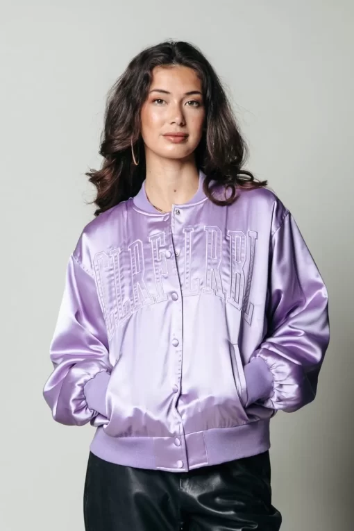 Hallie Patch Satin Bomber Jacket | Lilac | Colourful Rebel Outlet