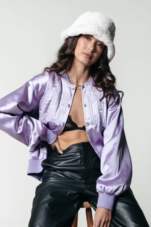 Hallie Patch Satin Bomber Jacket | Lilac | Colourful Rebel Outlet