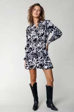 Kina Letter Ruffle Dress | Black/White | Colourful Rebel Best