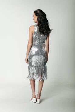 Mase Sequins Fringe Halter Dress | Metallic Silver | Colourful Rebel Discount