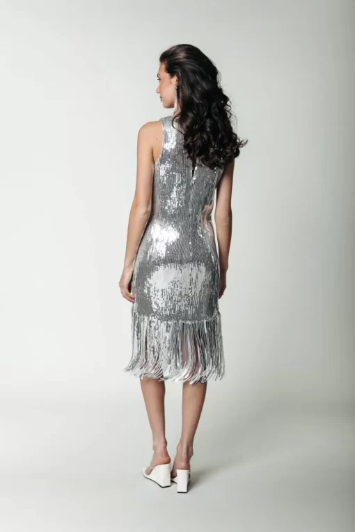 Mase Sequins Fringe Halter Dress | Metallic Silver | Colourful Rebel Discount