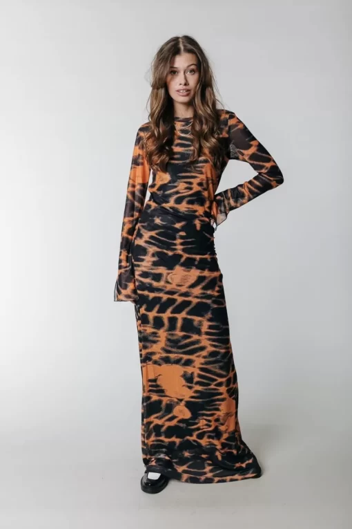 Maude Animal Mesh Maxi Dress | Mandarin Orange | Colourful Rebel Hot