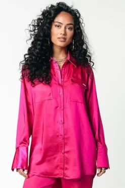 Oletta Satin Button Down Blouse | Fuchsia | Colourful Rebel Best Sale