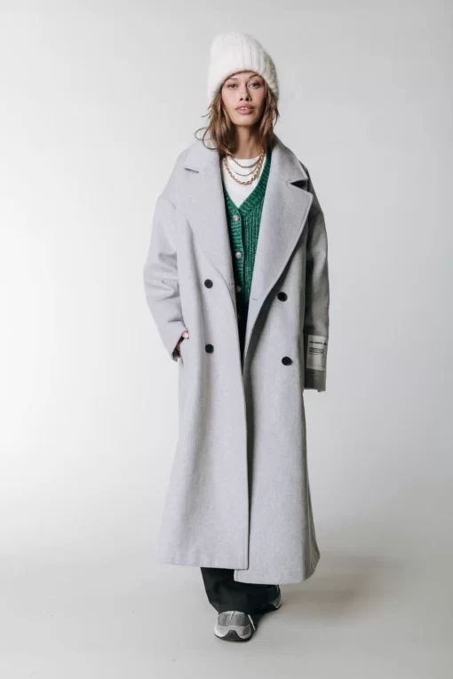 Zania Double Breasted Wool Long Coat | Light Grey Melange | Colourful Rebel Flash Sale