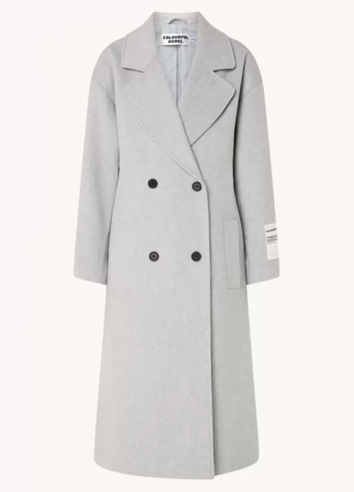 Zania Double Breasted Wool Long Coat | Light Grey Melange | Colourful Rebel Flash Sale